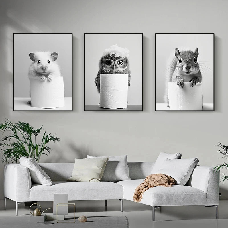 Black and White Cute Animal and Toilet Paper Wall Art