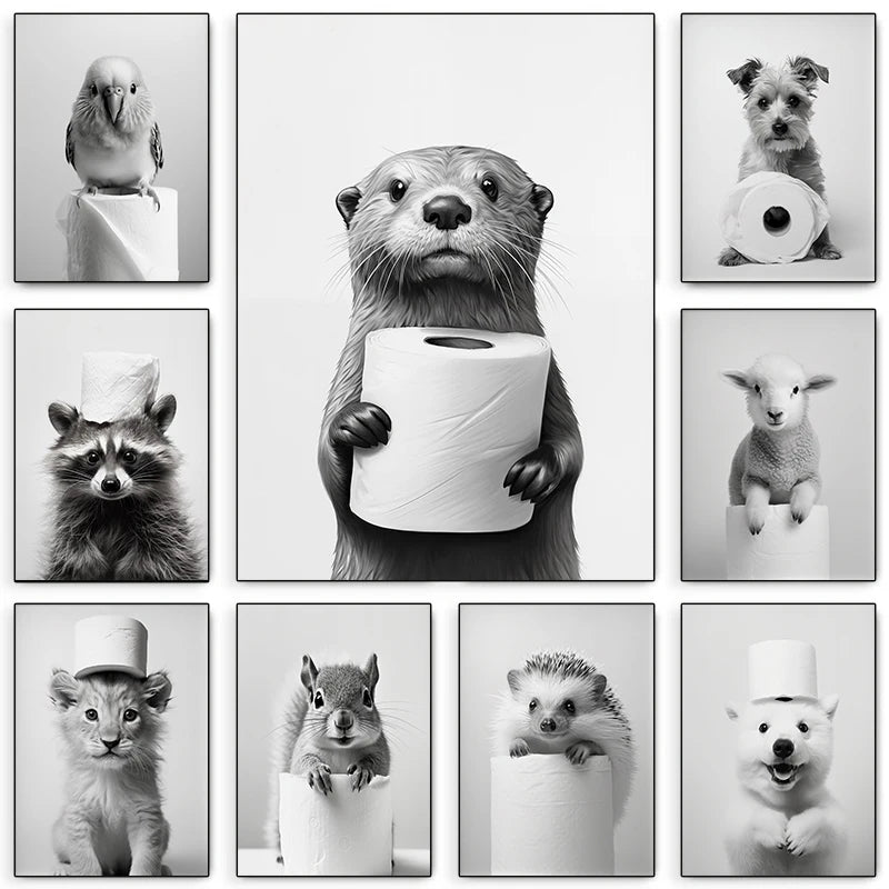 Black and White Cute Animal and Toilet Paper Wall Art