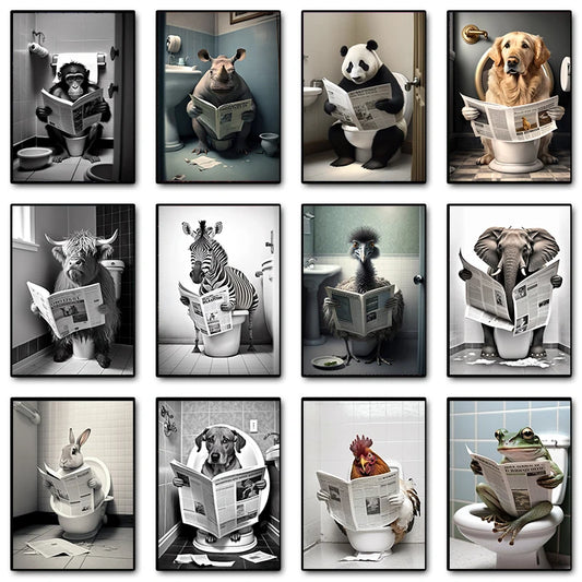 Animal Wall Art Sitting on Toilet Reading Newspaper